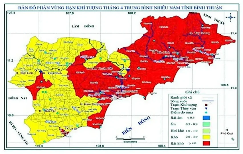 Bản đồ phân vùng khí tượng tháng 4 trung bình nhiều năm tỉnh Bình Thuận (cũ)