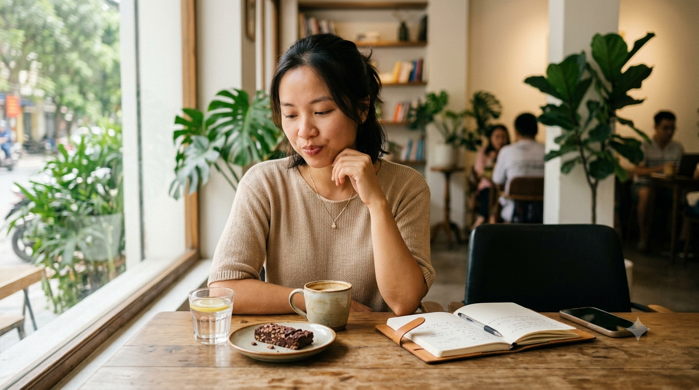Hình ảnh lifestyle thể hiện một người trẻ đang cân nhắc lựa chọn món ăn vặt trong quá trình quan tâm đến chế độ ăn uống. Bối cảnh đời thường, tự nhiên, giúp minh họa nhu cầu cân bằng giữa sở thích ăn ngọt và việc kiểm soát khẩu phần.