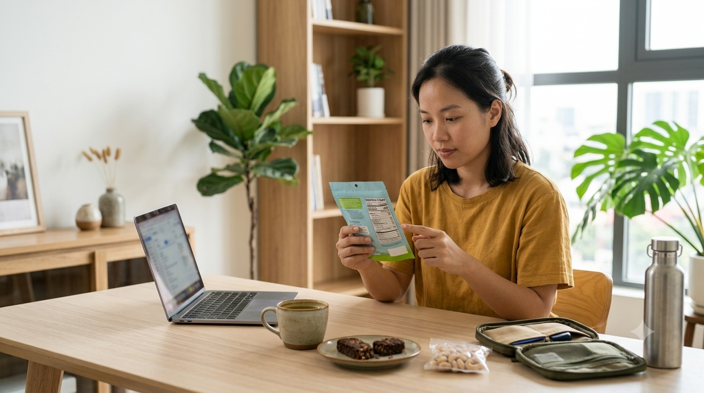 Tiêu chí chọn đồ ngọt cho người sợ đường: Có nên chọn bánh kẹo sữa bò tươi? 1 Người trẻ đang kiểm tra thông tin thành phần và dinh dưỡng trên bao bì một món ăn vặt tại bàn làm việc; ánh sáng tự nhiên, bối cảnh đời thường, không cần thể hiện thương hiệu.