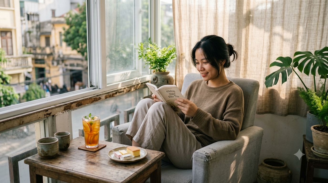 Bàn trà chiều với một ly trà hương trái cây và vài phần bánh kẹo sữa, ánh sáng tự nhiên, không gian đời thường, cảm giác nhẹ nhàng của thời điểm giao mùa.