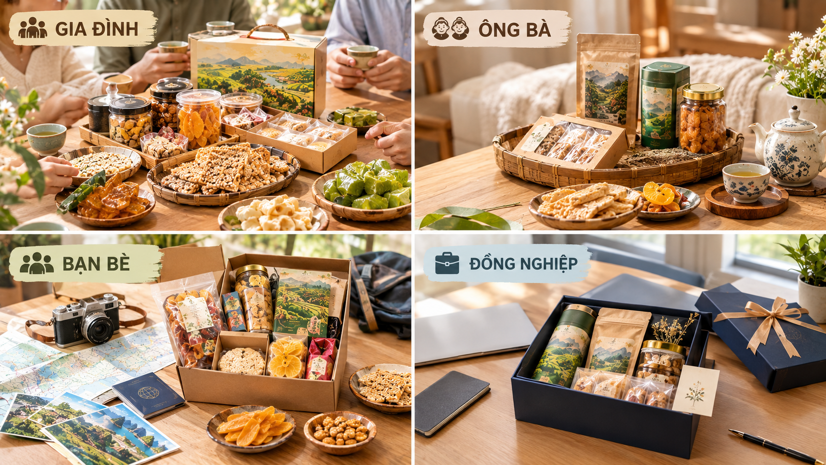 Hình ảnh minh họa cách chọn đặc sản làm quà phù hợp với gia đình, ông bà, bạn bè, đồng nghiệp và đối tác.
