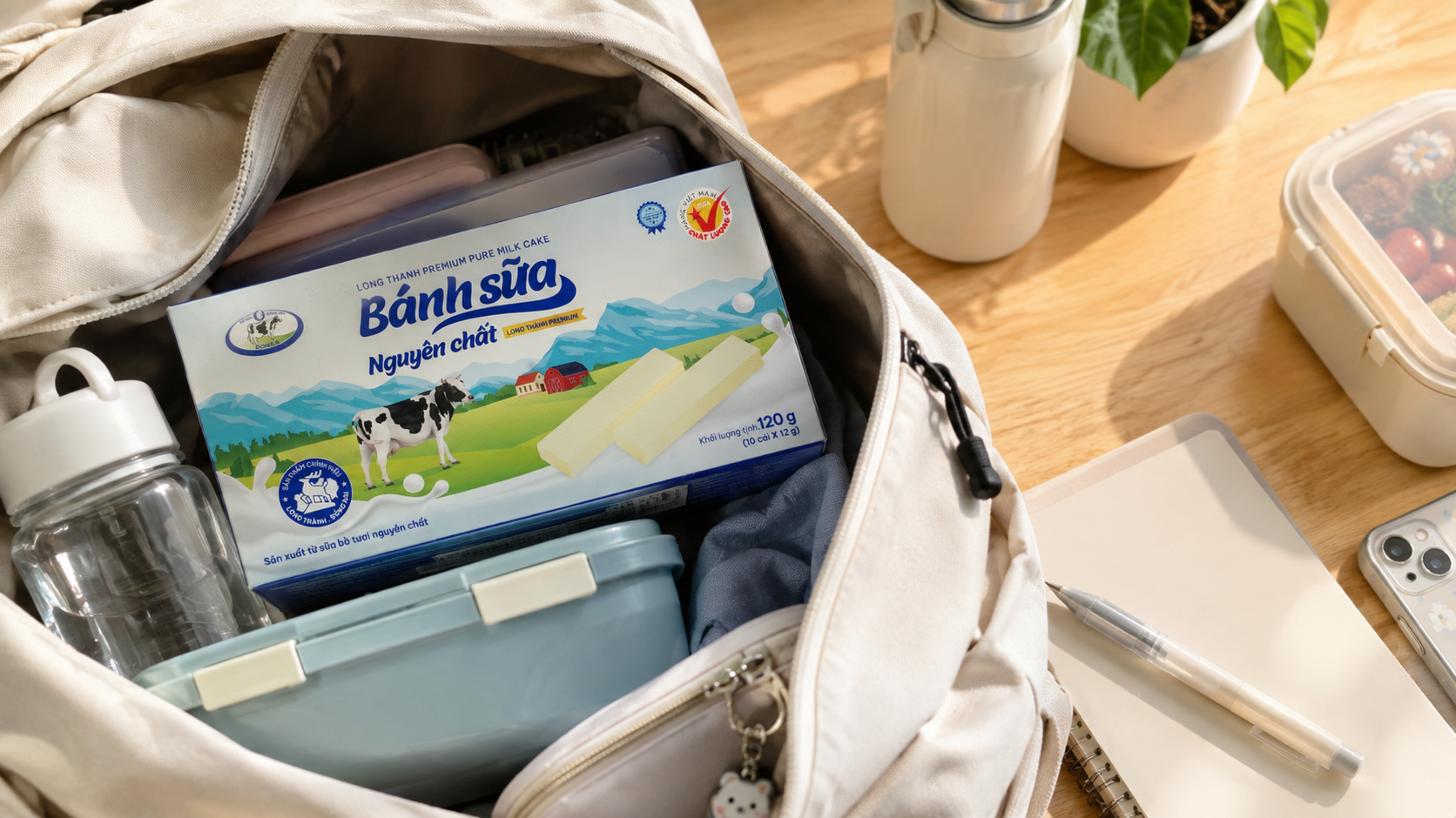Bánh sữa nhỏ được chuẩn bị cùng các vật dụng cá nhân trong balo, minh họa sự gọn nhẹ và thuận tiện khi mang theo.