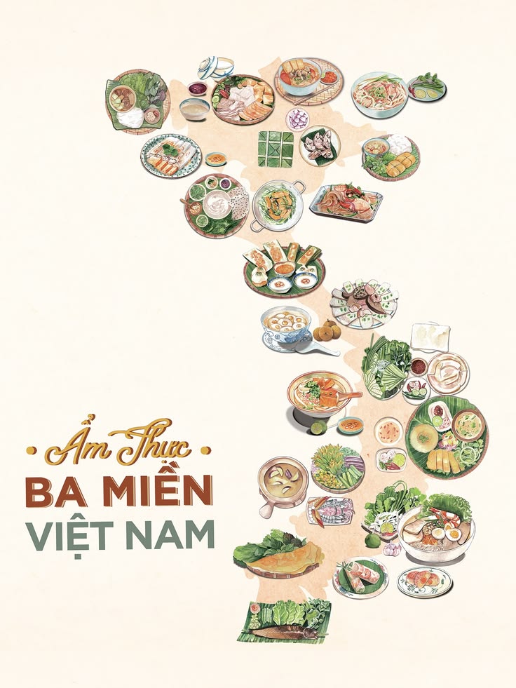 Bản đồ minh họa sự khác biệt về nguyên liệu, khẩu vị và văn hóa ẩm thực giữa các vùng miền Việt Nam.