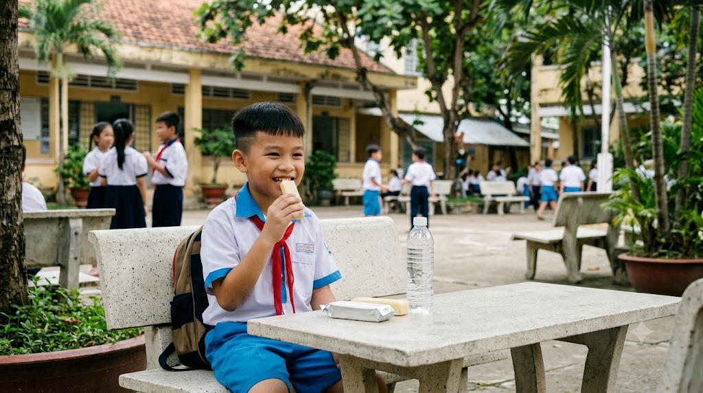 Học sinh thưởng thức bữa ăn nhẹ trong giờ nghỉ giữa buổi tại trường.