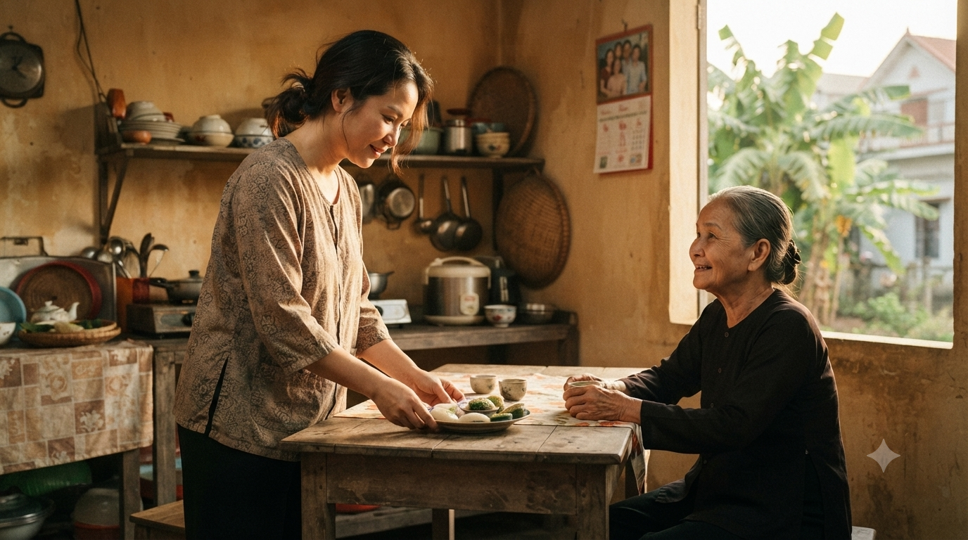 Hương Vị Tuổi Thơ: Khi Một Món Quà Gợi Nhớ Cả Một Ký Ức 3 Người trưởng thành nhìn thấy một món ăn quen thuộc trên bàn và có cảm giác hồi tưởng về gia đình, bối cảnh ấm áp nhưng tự nhiên, không tạo cảm giác quảng cáo.
