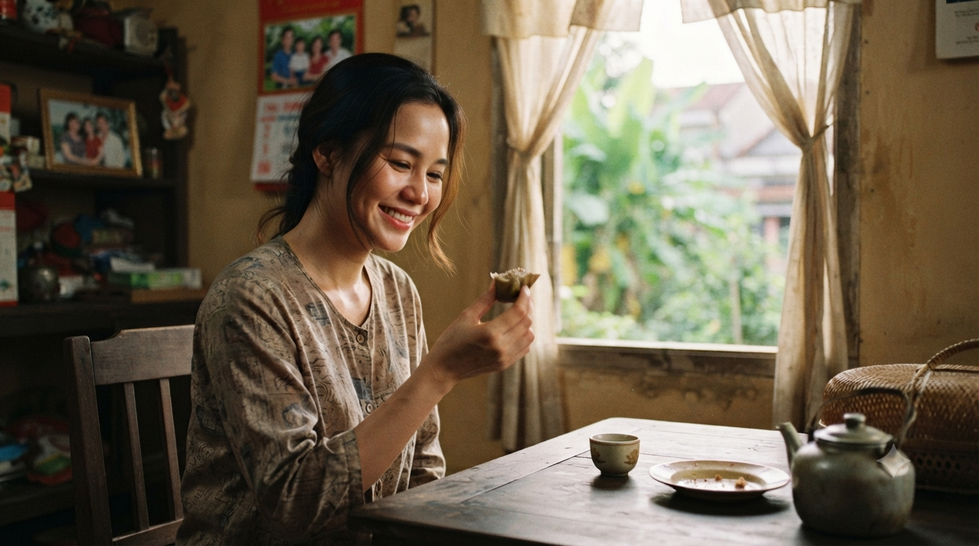 Hương Vị Tuổi Thơ: Khi Một Món Quà Gợi Nhớ Cả Một Ký Ức 1 Một người trưởng thành đang thưởng thức món bánh quen thuộc trong không gian gia đình, ánh sáng tự nhiên, biểu cảm gợi cảm giác hồi tưởng, hình ảnh đời thường, không cần thể hiện thương hiệu.