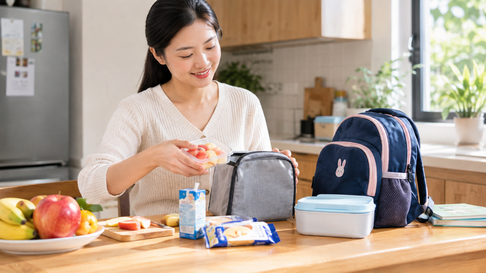 Phụ huynh chuẩn bị và đóng gói đồ ăn nhẹ cho trẻ mang đến trường.