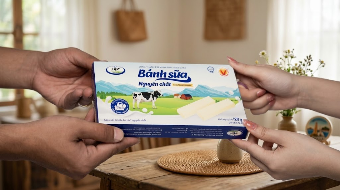 Hình ảnh khoảnh khắc trao tặng món quà đặc sản, thể hiện giá trị kết nối giữa sản vật địa phương, người tặng và người nhận.