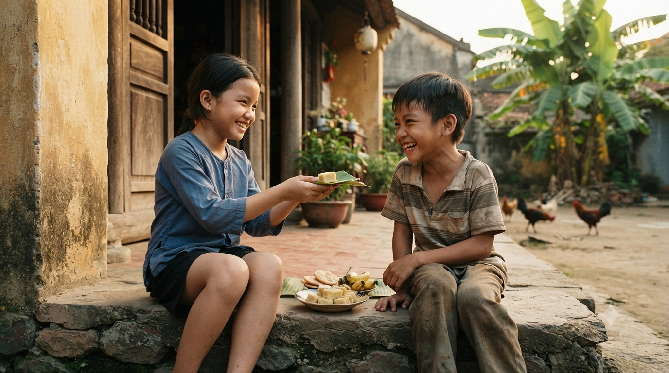 Hương Vị Tuổi Thơ: Khi Một Món Quà Gợi Nhớ Cả Một Ký Ức 2 Trẻ em đang chia sẻ bánh hoặc món ăn vặt nhỏ với bạn bè trong bối cảnh đời thường, ánh sáng tự nhiên, không bao bì thương hiệu.
