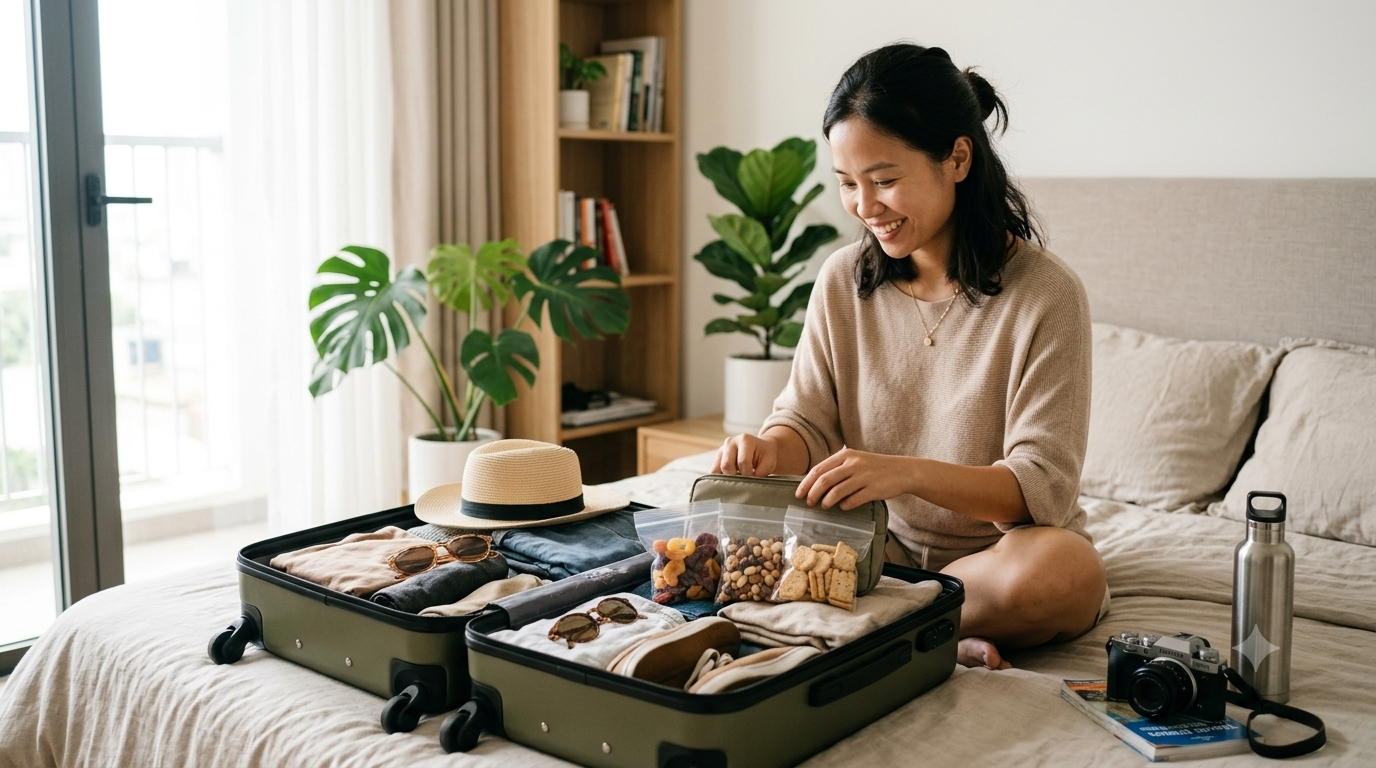 Người trẻ chuẩn bị một vài món ăn vặt nhỏ gọn trong túi trước chuyến du lịch; bối cảnh đời thường, ánh sáng tự nhiên, không cần thể hiện thương hiệu.