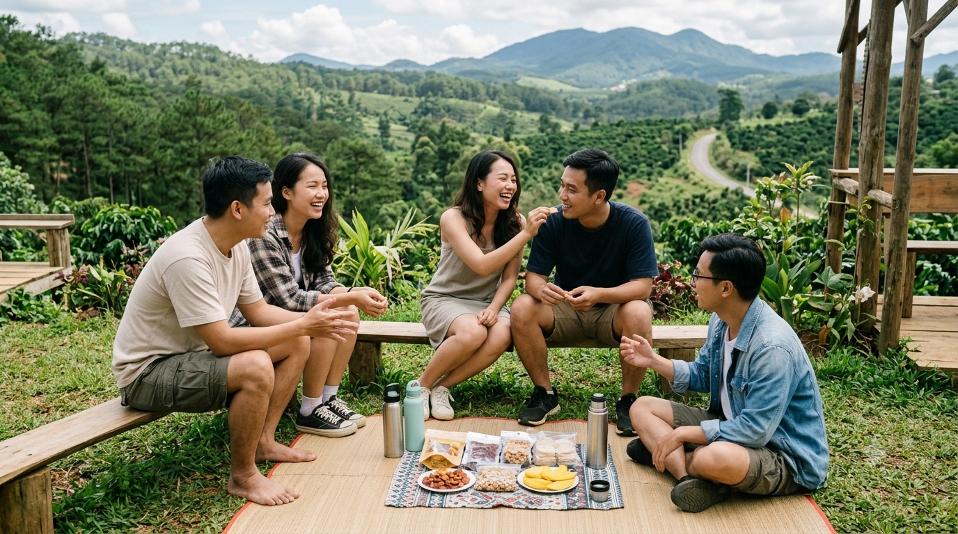 Một nhóm bạn hoặc gia đình đang nghỉ giữa chặng trong chuyến đi, có một vài món ăn nhẹ được chuẩn bị gọn gàng.