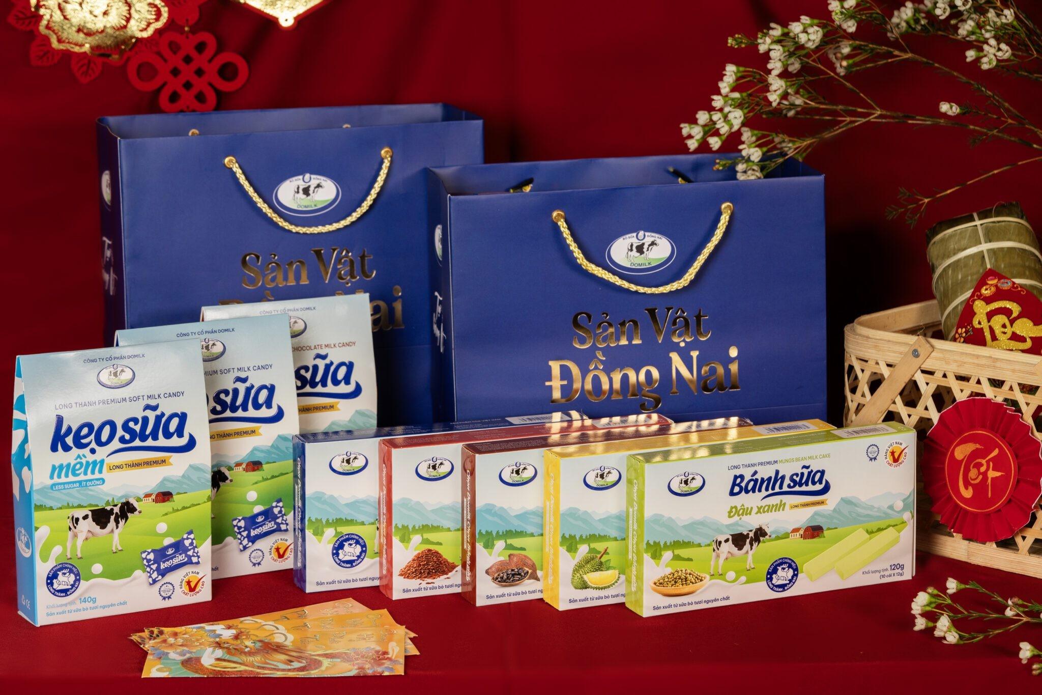 Ghé đâu để thưởng thức các sản phẩm từ bò sữa Long Thành nguyên chất 2 Bộ sản phẩm bánh kẹo sữa Long Thành Domilk gồm bánh sữa nguyên chất, cacao, đậu xanh, gạo lứt, sầu riêng và các dòng kẹo sữa.