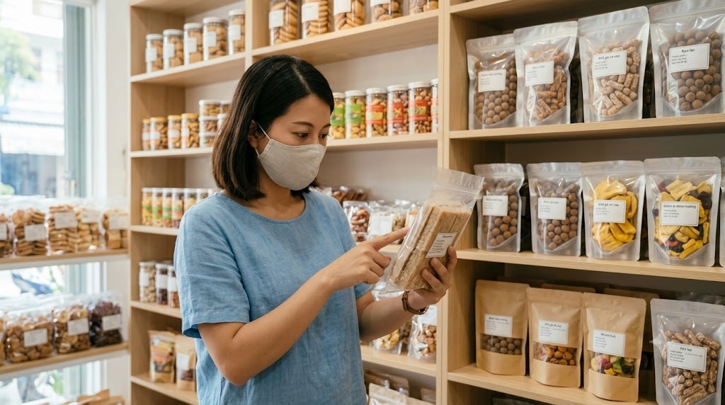 Khách hàng kiểm tra bao bì và thông tin sản phẩm đặc sản trước khi lựa chọn mua làm quà.