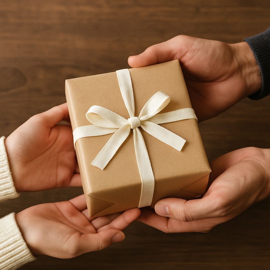 Hình ảnh trao tặng món quà được gói chỉn chu, thể hiện sự quan tâm và ý nghĩa trong việc lựa chọn quà tặng dịp lễ.