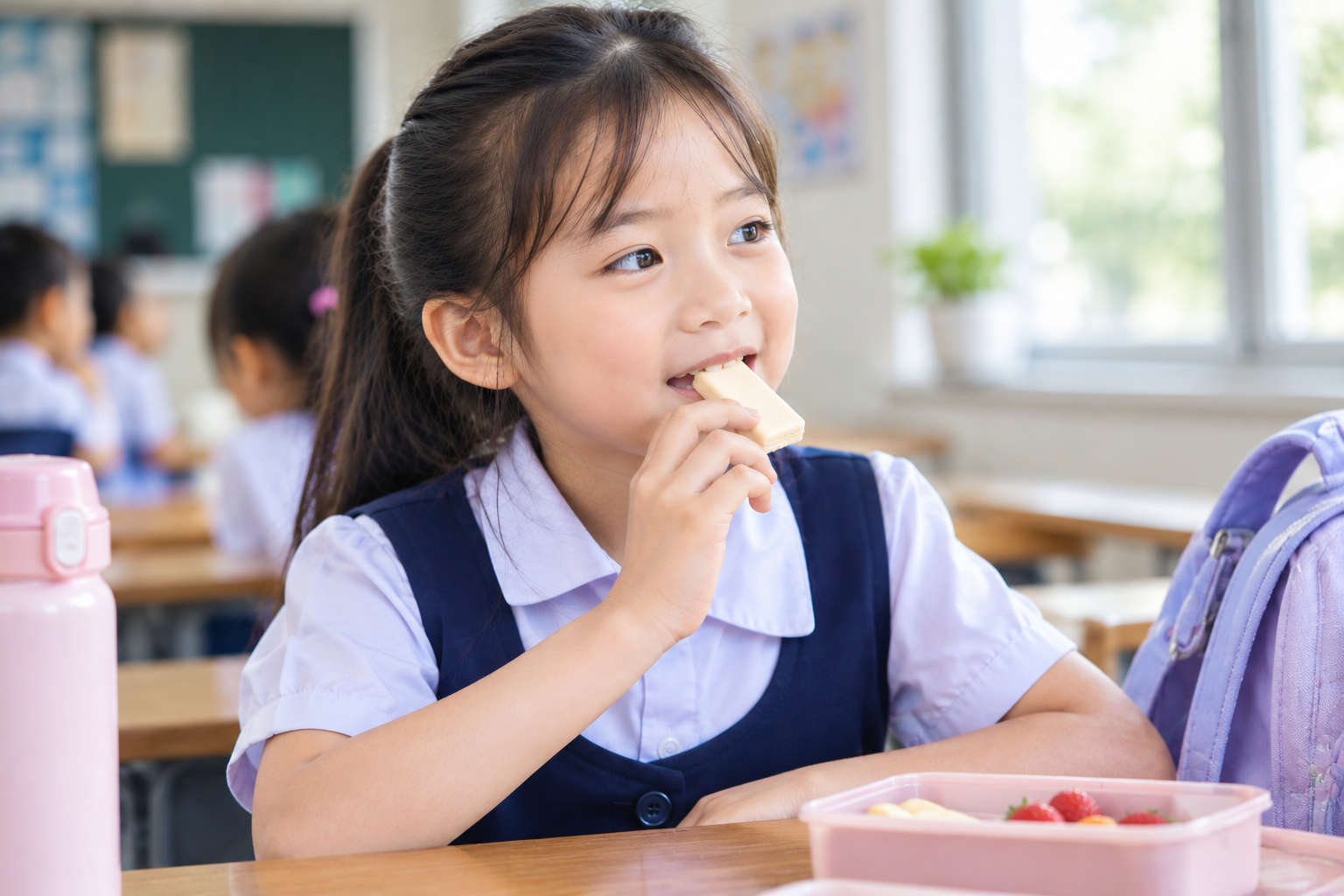 Hình ảnh bé thưởng thức bánh sữa nhỏ vào giờ nghỉ giải lao tại trường, minh họa một món ăn nhẹ gọn gàng, dễ sử dụng giữa các hoạt động trong ngày.
