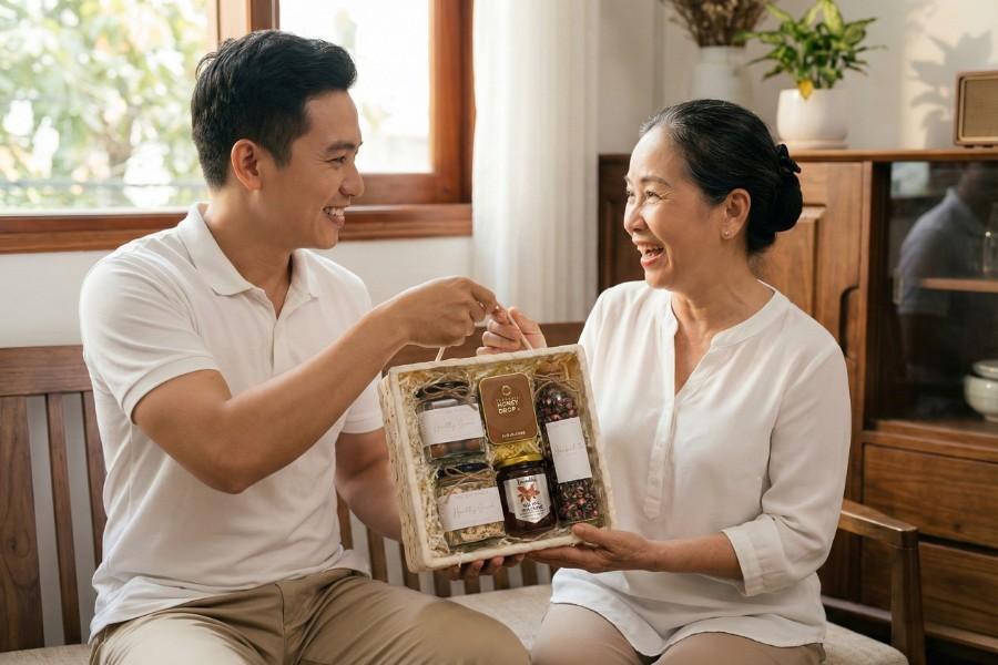 Người con trao giỏ quà đặc sản cho mẹ trong không gian gia đình ấm áp, thể hiện ý nghĩa tình cảm của những món quà quê mang về sau chuyến đi.