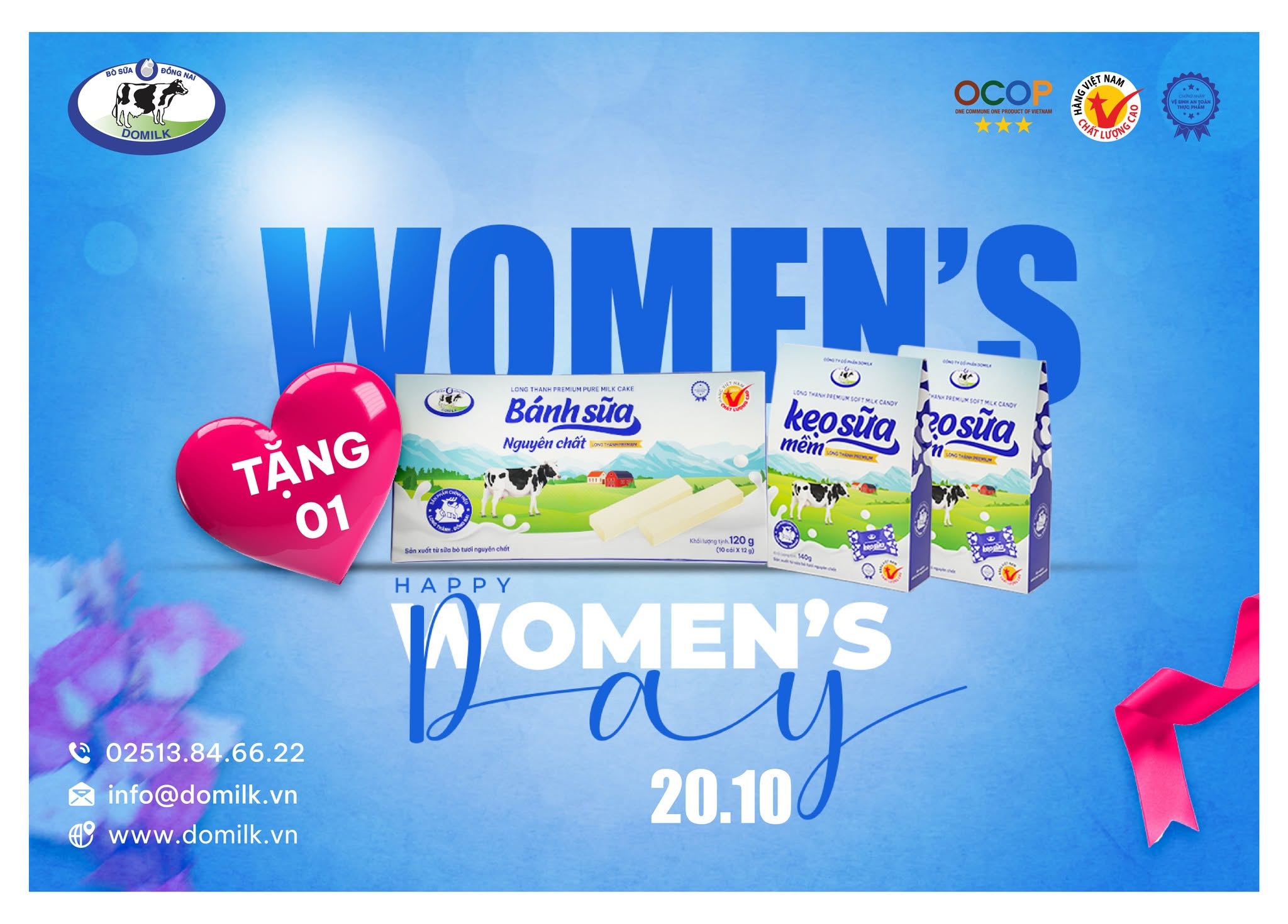 Hình ảnh Domilk chúc mừng Ngày Phụ nữ Việt Nam 20/10 với thông điệp Happy Women's Day, thiết kế nền xanh cùng hình ảnh các sản phẩm bánh sữa và kẹo sữa Long Thành.